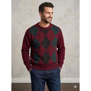 100% Shetland Wool Red Argyle Sweater Made in Ireland Size Large Mens